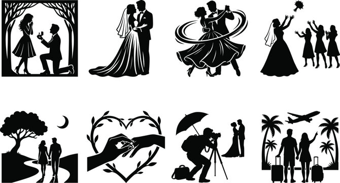 Wedding and Romance Silhouette Bundle Featuring Proposal Ceremony Dancing Photography Honeymoon and Couple Moments