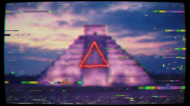 Glitch art pyramid with static distortion and digital interference