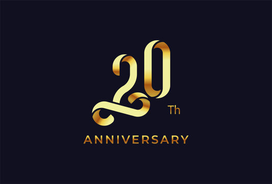 Golden 20 year anniversary celebration logo design with infinity icon in ribbon style design symbol
