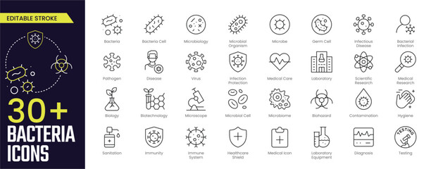 Naklejka na ściany i meble Bacteria Stroke icon collections. Containing bacteria, bacterium, microbiology, microorganism, microbe, germ, infection, disease and virus icons. Editable Stroke icon collection