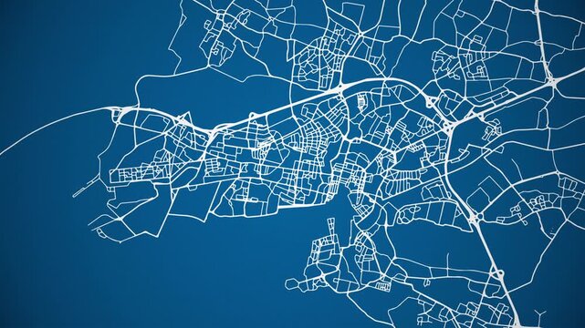 Ink reveal animation of La Rochelle, Charente-Maritime, Nouvelle-Aquitaine, France grid map. Aerial top view. Blueprint style. White lines with blue background. 4K Seamless loop.