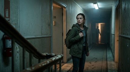 Fototapeta premium Woman walking down dark hallway with backpack