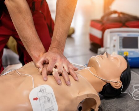 Professional paramedic performing cpr chest compressions on a medical dummy