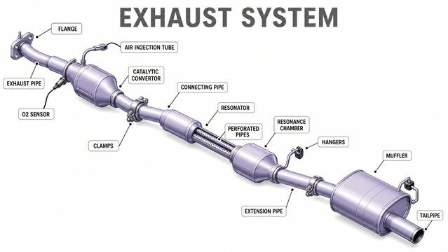 Exhaust System Components Illustration Detailing Muffler Catalytic Converter and Pipes for Automotive Repair Education