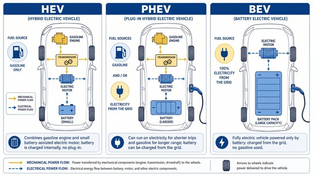 Hybrid Electric Plug in Hybrid and Battery Electric Vehicle Power Flow Diagram Infographic