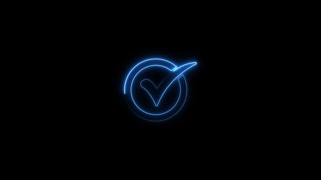Neon blue checkmark symbol on black background with glowing outline glowing checkmark verification approval sign