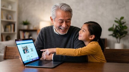 Obraz premium Grandfather teaching grandson computer skills at home with happy family bonding