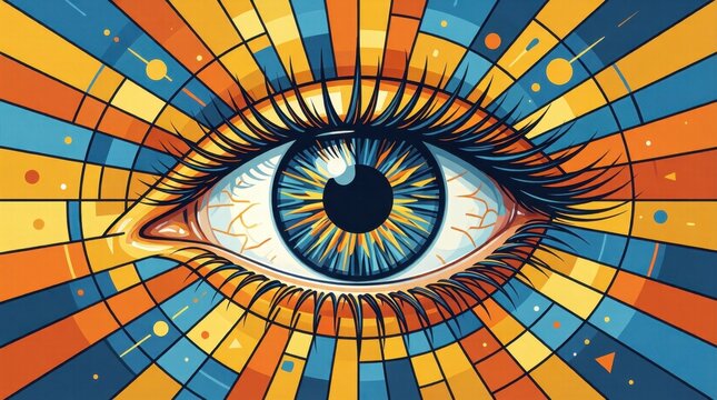 Detailed eye with long lashes over mosaic radial pattern