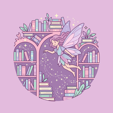 A magical winged creature flying inside a cozy library room