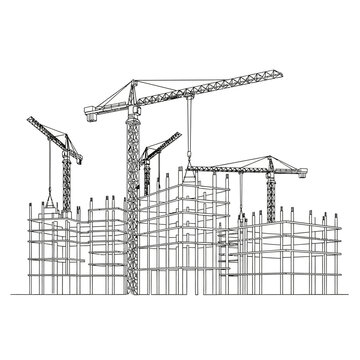 Construction Site Outline: Tower Cranes and Building Frame Silhouette