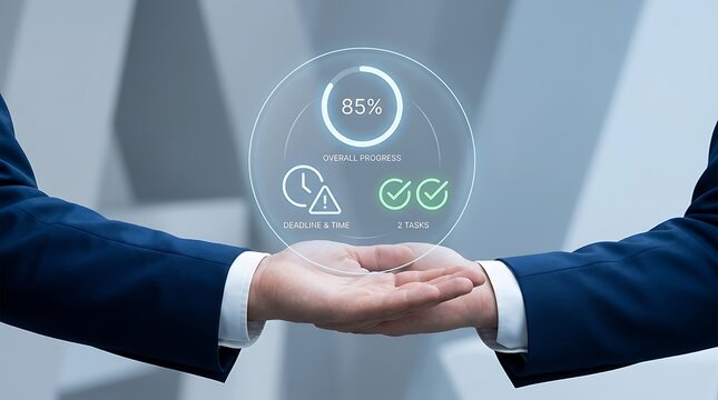 Two business people shaking hands with a floating holographic circle between them showing eighty-five percent progress and task completion status
