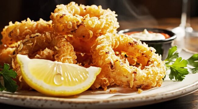 Crispy golden fried calamari rings served with lemon and dipping sauce on a plate