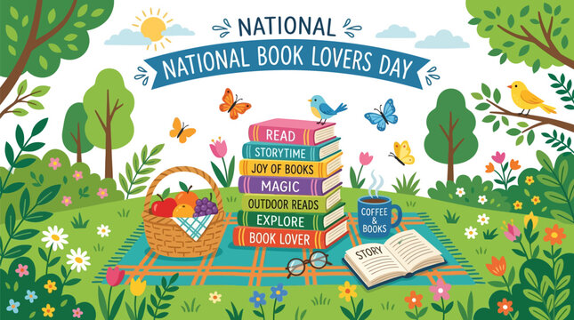 Bright cheerful celebration of reading and book lovers enjoying outdoor storytime with coffee