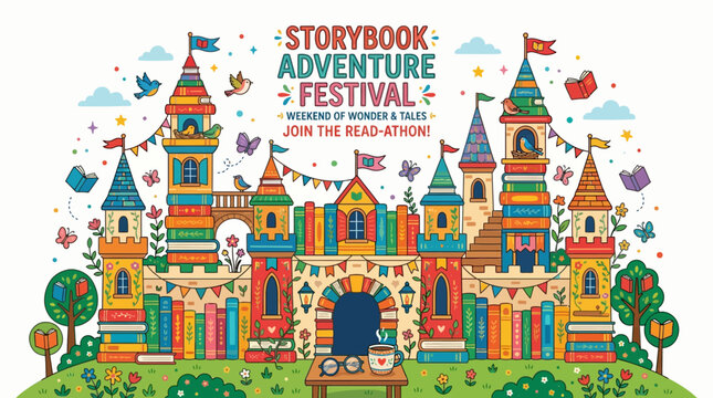 Colorful storybook castle complex celebrating a vibrant weekend readathon festival with books butterflies