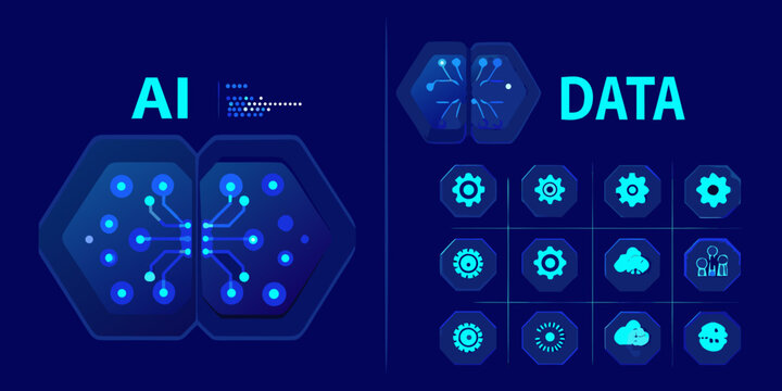 Gear icons and network diagram blue vector illustration set