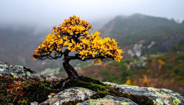 Peque&ntilde;o &aacute;rbol con hojas amarillas sobre rocas en un paisaje de monta&ntilde;a con niebla