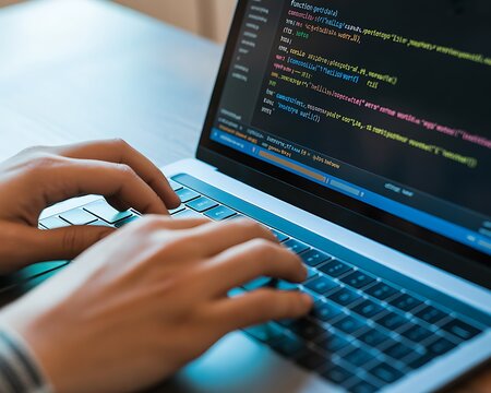 Hands Typing on Laptop Keyboard Coding