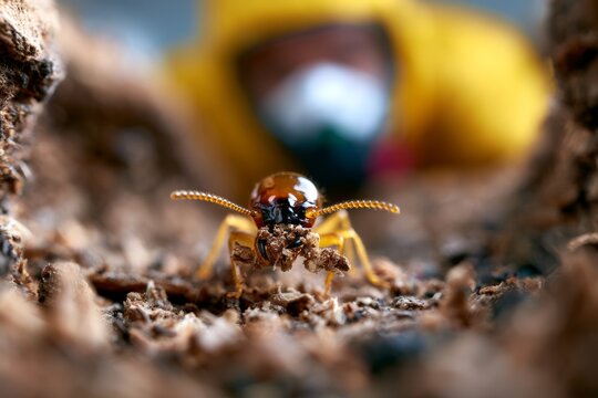Detailed Close-Up of Worker Termite Carrying Wood Particles Through Narrow Tunnel in Focus