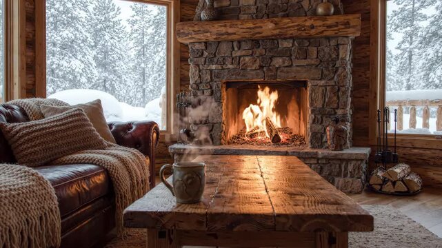 Cozy cabin interior with warm fireplace, rustic wooden table, and leather sofa, creating serene atmosphere amidst snowy landscape for ultimate