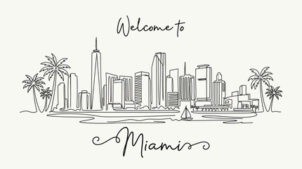 Fototapeta premium Miami Skyline Illustration: Cityscape Line Art with Palm Trees and Yacht