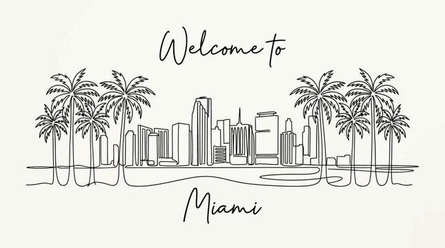 Miami Skyline Line Art with Palm Trees | Welcome City Concept