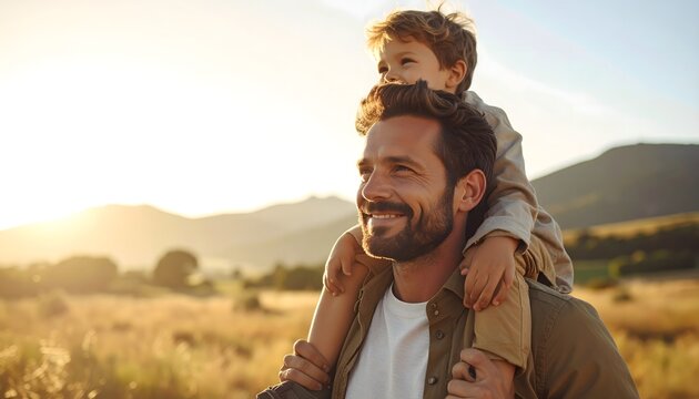 Padre sonriente llevando a su hijo sobre los hombros en un campo al atardecer