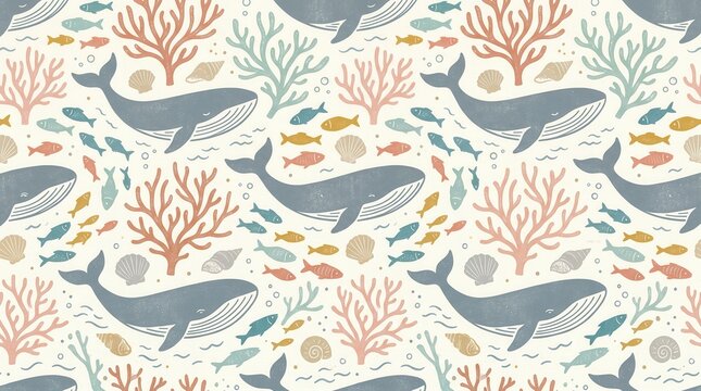Blue whales, fish, coral, and shells create a vibrant underwater pattern