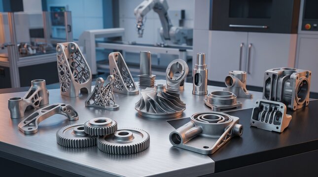 Advanced metal 3d printed parts on a table in a manufacturing facility