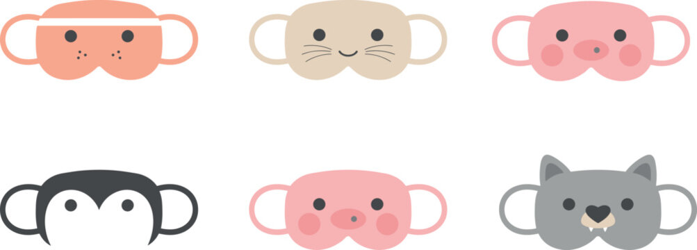 Cute animal face sleeping mask set vector illustration for children relaxation and bedtime routine