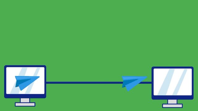 File transfer animation with flying paper plane icon between two computers. With copy space. Modern digital communication concept
