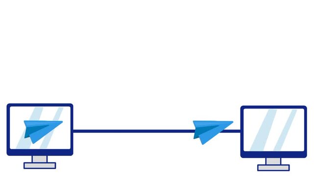 File transfer animation with flying paper plane icon between two computers. With copy space. Modern digital communication concept