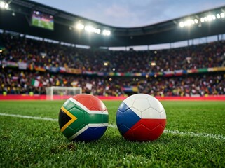 Naklejka premium Two Soccer Balls with South Africa and Czech Republic Flags on Stadium Grass Field Before a Match