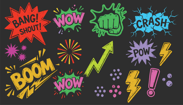 Colorful comic explosion sound effect icons