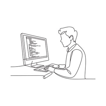 Man working at computer with code on screen continuous line drawing