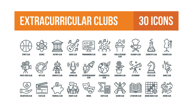 Extracurricular clubs and activities icons for schools and education  various student organizations