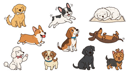 Fototapeta premium Cute Dogs Doodle Vector Set Cartoon Puppy Characters Collection in Various Poses