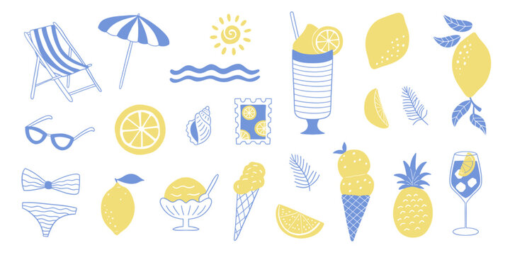 Lemon Summer Doodle Icon Set for Beach Vacation Sticker and Coastal Aesthetic