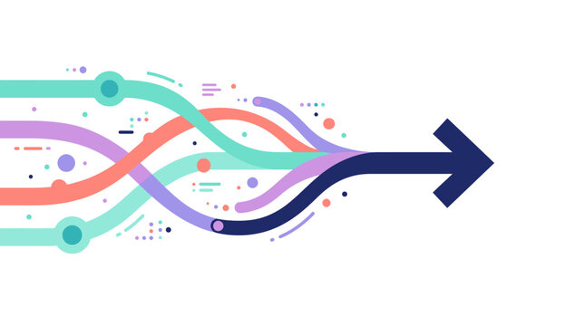 Abstract illustration of multiple colorful lines merging into a single arrow pointing to the right, symbolizing progress and direction