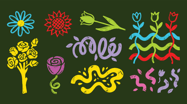 Colorful stylized flowers and plants pixel art collection