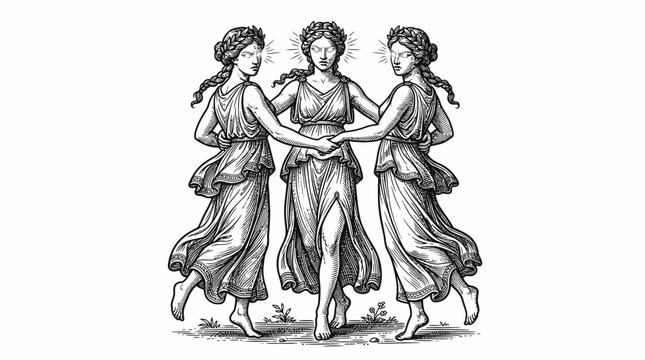 Ancient Greek Mythology Three Goddesses Dancing Illustration.