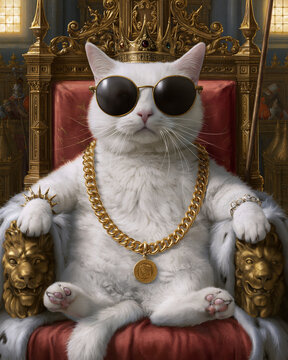 White cat sits regally on throne. Gold chain and sunglasses add hipster flair. Crown rests atop his head, exuding power. He rules with calm, unbothered, majestic grace. Perfect for luxury, comedy