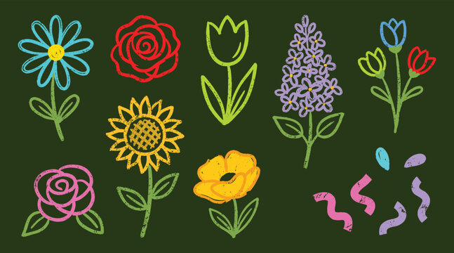 Colorful embroidery style floral vector illustrations