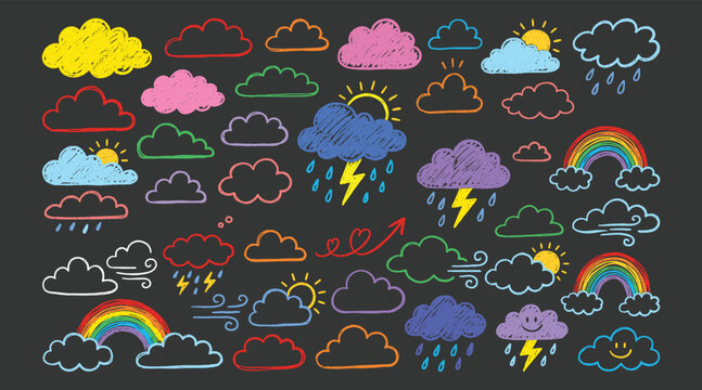 Colorful weather icons set with rainbows and lightning