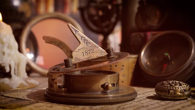 Vintage nautical sundial and compass on old map background with slow motion camera movement.