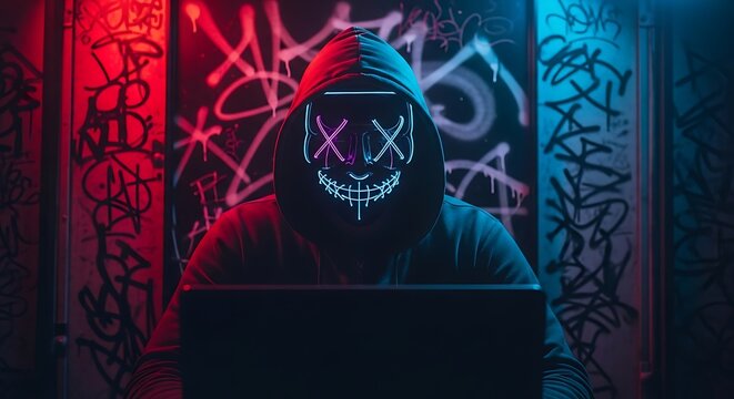 Anonymous hacker working on laptop with neon mask in graffiti alley at night