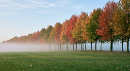 Obraz premium Autumn trees lined up in mist, showing vibrant red and orange fall foliage