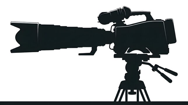 Professional video camera silhouette on sturdy tripod with long telephoto lens, symbolizing broadcast, film, and multimedia production equipment and tools