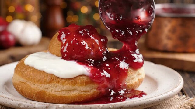 Indulgent dessert experience with sweet doughnut, rich jam, and creamy frosting, delightful pastry for food lovers everywhere