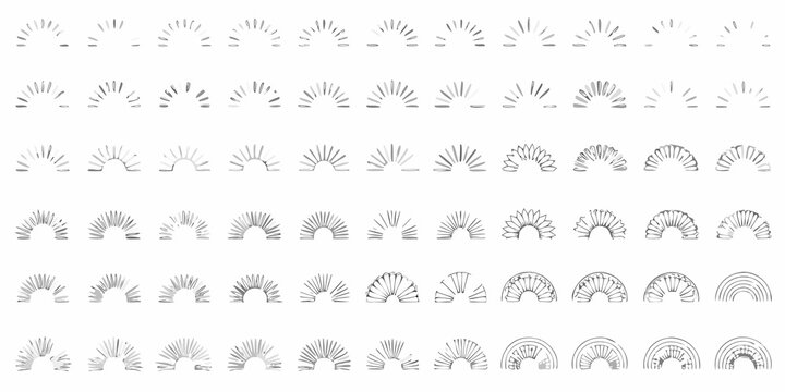 Collection of fifty linear sunburst and ray illustrations on a white background arranged in rows