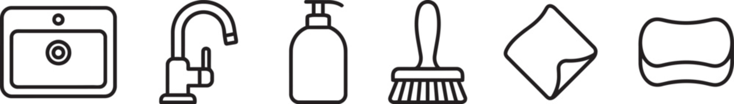 Household cleaning set featuring a kitchen sink, modern faucet, liquid soap dispenser, scrubbing brush, cleaning cloth, and a soft sponge